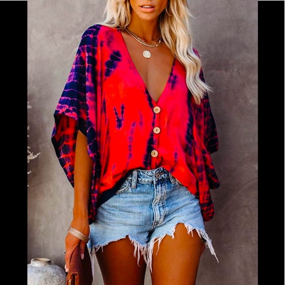💋Sexy Deep V Neck Tie-dye Coral Red Loose Batwing Half Sleeves Button ⬇️ Shirt - Picture 6 of 13